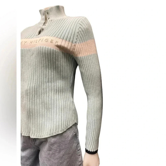 Tommy Hilfiger Vintage Ribbed Fitted Blue White Sweater Size Large - Picture 3 of 10